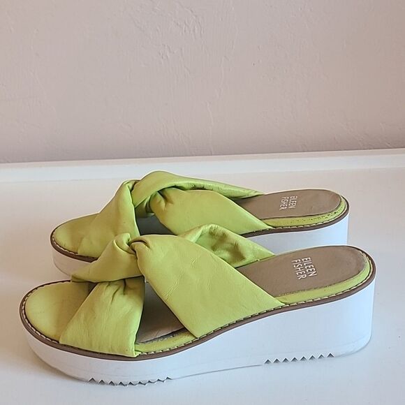 Eileen Fisher Bene Leather Platform Puffy Wedge Sandals Citrus Nappa Size 6 - Picture 5 of 15